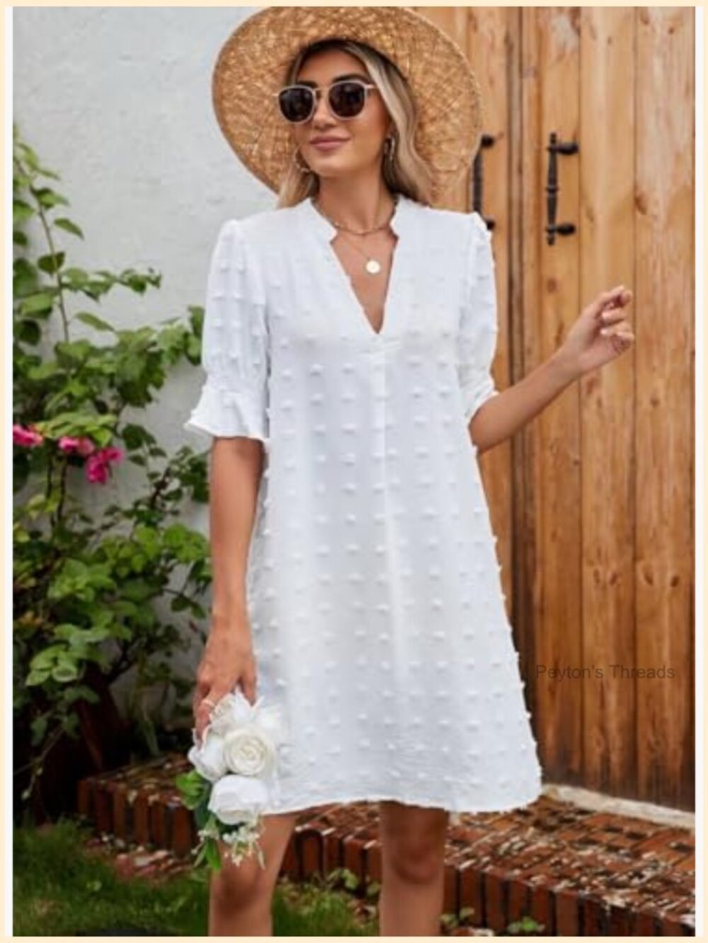 V Neck Ruffle Short Sleeve Shift Dress - Women's Casual Summer Mini Dress - Picture 3 of 7